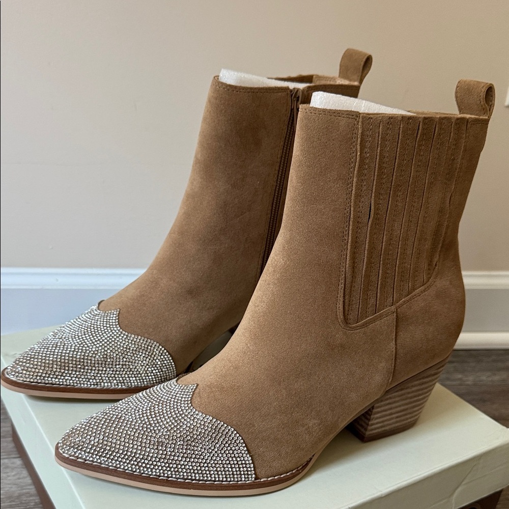 Ankle Boots with Rhinestone Detail - Light Brown/ Tan Faux Suede